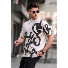 Madmext 5811 Bej Over Fit Desenli Erkek T-shirt