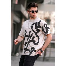 Madmext 5811 Bej Over Fit Desenli Erkek T-shirt
