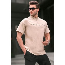 Madmext 5858 Bej Fermuar Yaka Erkek T-shirt