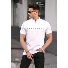Madmext 5858 Beyaz Fermuar Yaka Erkek T-shirt