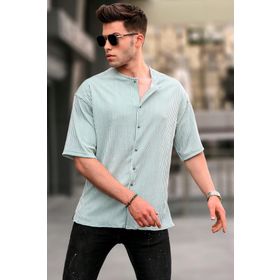 Madmext 5863 Mint Yeşili Hakim Yaka Çizgili Kısa Kollu Gömlek