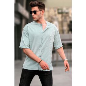 Madmext 5863 Mint Yeşili Hakim Yaka Çizgili Kısa Kollu Gömlek