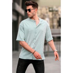 Madmext 5863 Mint Yeşili Hakim Yaka Çizgili Kısa Kollu Gömlek