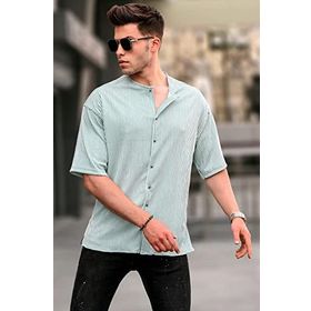 Madmext 5863 Mint Yeşili Hakim Yaka Çizgili Kısa Kollu Gömlek