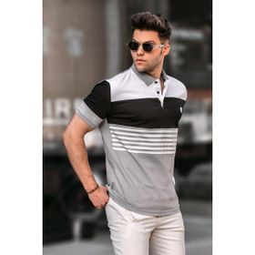 Madmext 5865 Gri Polo Yaka Çizgi Erkek T-shirt