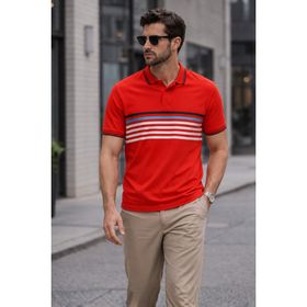 Madmext 5869 Erkek Kırmızı Çizgili Polo Yaka Tişört
