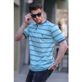 Madmext 5874 Mint Yeşili Çizgili Polo Yaka Erkek T-shirt