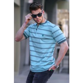 Madmext 5874 Mint Yeşili Çizgili Polo Yaka Erkek T-shirt