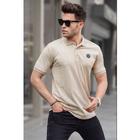Madmext 5879 Erkek Bej Düğmeli Çizgili Polo Yaka Tişört