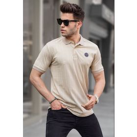 Madmext 5879 Erkek Bej Düğmeli Çizgili Polo Yaka Tişört