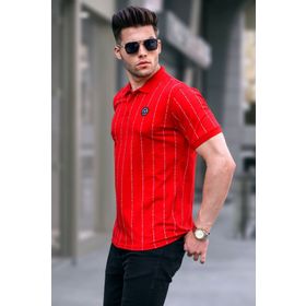 Madmext 5879 Erkek Kırmızı Düğmeli Çizgili Polo Yaka Tişört