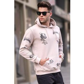 Madmext 5895 Erkek Bej Baskılı Kapüşonlu Sweatshirt