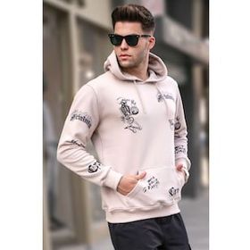 Madmext 5895 Erkek Bej Baskılı Kapüşonlu Sweatshirt