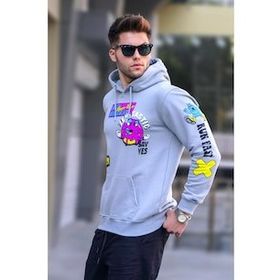 Madmext 5896 Erkek Boyalı Gri Baskılı Kapüşonlu Sweatshirt