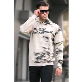 Madmext 5897 Bej Nakışlı Kapüşonlu Erkek Sweatshirt