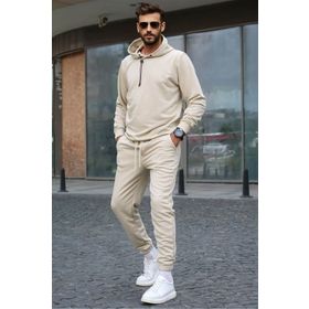 Madmext 5908 Bej Kapüşonlu Basic Eşofman Takımı