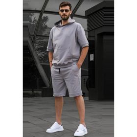 Madmext 5919 Boyalı Gri Kapüşonlu Şort Takım