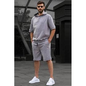 Madmext 5919 Boyalı Gri Kapüşonlu Şort Takım