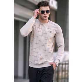 Madmext 5968 Erkek Bej Desenli Bisiklet Yaka Triko Kazak