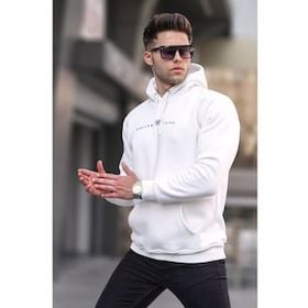 Madmext 6002 Erkek Ekru Basic Kapüşonlu Sweatshirt