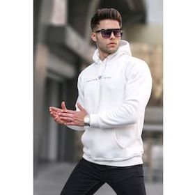 Madmext 6002 Erkek Ekru Basic Kapüşonlu Sweatshirt