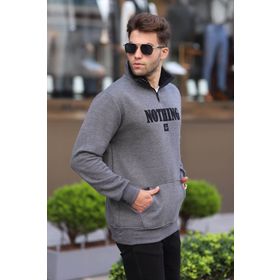 Madmext 6003 Antrasit Baskılı Fermuar Detaylı Erkek Sweatshirt