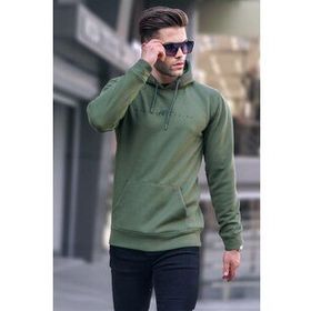 Madmext 6014 Haki Erkek Yeşili Kapüşonlu Basic Sweatshirt