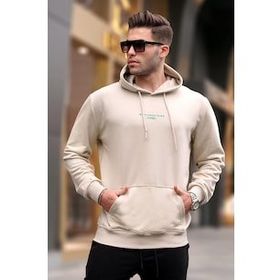 Madmext 6017 Bej Kapüşonlu Baskılı Erkek Sweatshirt