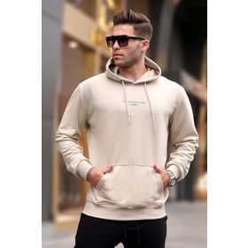 Madmext 6017 Bej Kapüşonlu Baskılı Erkek Sweatshirt