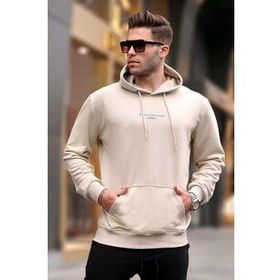 Madmext 6017 Bej Kapüşonlu Baskılı Erkek Sweatshirt
