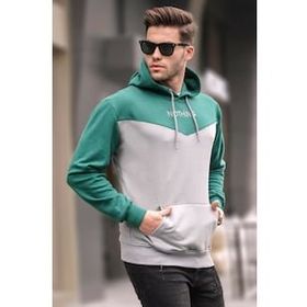 Madmext 6024 Gri Kapüşonlu Renk Bloklu Erkek Sweatshirt