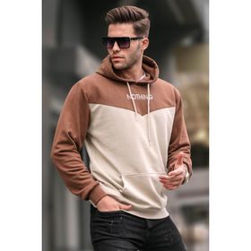 Madmext 6024 Kapüşonlu Renk Bloklu Bej Erkek Sweatshirt