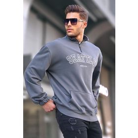 Madmext 6026 Erkek Grimelanj Fermuar Yakalı Nakışlı Sweatshirt