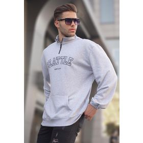 Madmext 6026 Erkek Grimelanj Fermuar Yakalı Nakışlı Sweatshirt