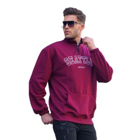 Madmext 6026 Fermuar Yakalı Nakışlı Bordo Erkek Sweatshirt