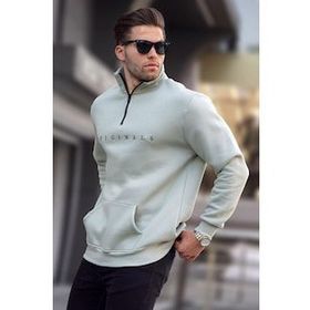 Madmext 6028 Mint Yeşili Erkek Fermuar Yaka Nakışlı Sweatshirt