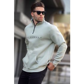 Madmext 6028 Mint Yeşili Erkek Fermuar Yaka Nakışlı Sweatshirt