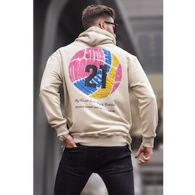 Madmext 6042 Bej Erkek Kabartma Baskılı Kapüşonlu Sweatshirt