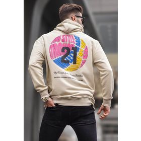 Madmext 6042 Bej Erkek Kabartma Baskılı Kapüşonlu Sweatshirt