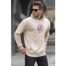 Madmext 6042 Bej Erkek Kabartma Baskılı Kapüşonlu Sweatshirt