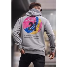 Madmext 6042 Boyalı Gri Kabartma Baskılı Kapüşonlu Erkek Sweatshirt