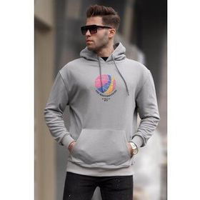 Madmext 6042 Boyalı Gri Kabartma Baskılı Kapüşonlu Erkek Sweatshirt