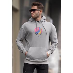 Madmext 6042 Boyalı Gri Kabartma Baskılı Kapüşonlu Erkek Sweatshirt