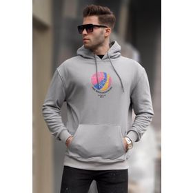 Madmext 6042 Boyalı Gri Kabartma Baskılı Kapüşonlu Erkek Sweatshirt