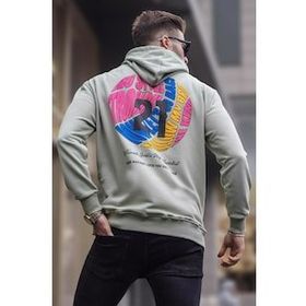 Madmext 6042 Mint Yeşili Erkek Kabartma Baskılı Kapüşonlu Sweatshirt