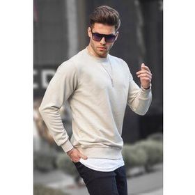 Madmext 6047 Bej Basic Bisiklet Yaka Erkek Sweatshirt