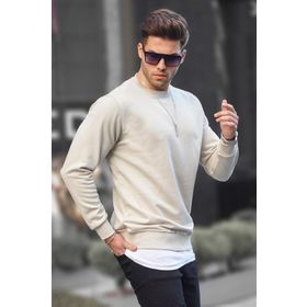 Madmext 6047 Bej Basic Bisiklet Yaka Erkek Sweatshirt