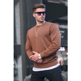 Madmext 6047 Kahverengi Basic Bisiklet Yaka Erkek Sweatshirt
