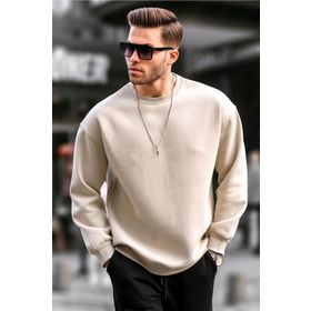 Madmext 6048 Bej Bisiklet Yaka Oversize Şardonlu Basic Erkek Sweatshirt