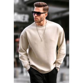Madmext 6048 Bej Bisiklet Yaka Oversize Şardonlu Basic Erkek Sweatshirt